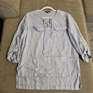 Ellen Tracy Company Linen Light Blue Coastal Natural Tunic Top Size Small